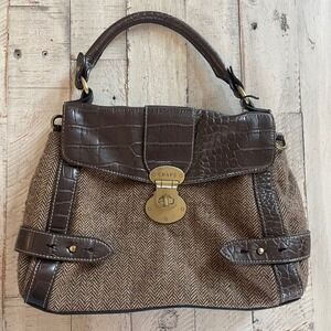 Chaps Satchel Handbag Herringbone Purse Faux Croc Trim Gold Hardware Pockets